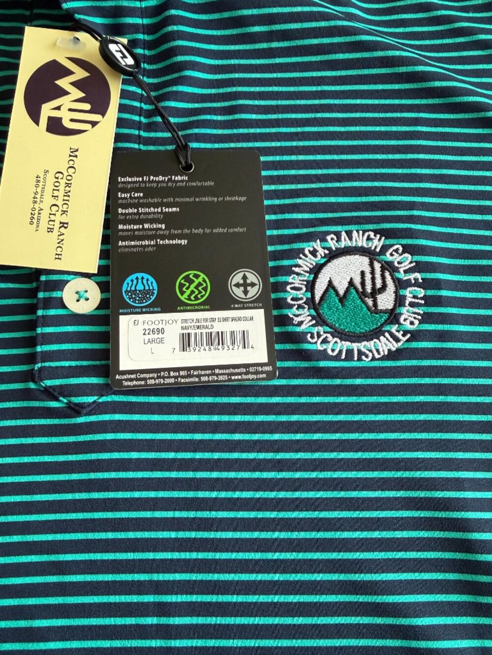NWT FootJoy McCormick Ranch Golf Club ProDry Polo Shirt Navy/Emerald Men's Large